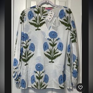ESTELA Mughal Blue Floral Blouse Long Sleeve V Neck Cotton Resort Chic Medium